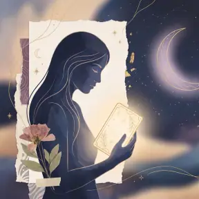 Quiet Oracle archetype portrait — a contemplative seer with inward gaze surrounded by celestial symbols