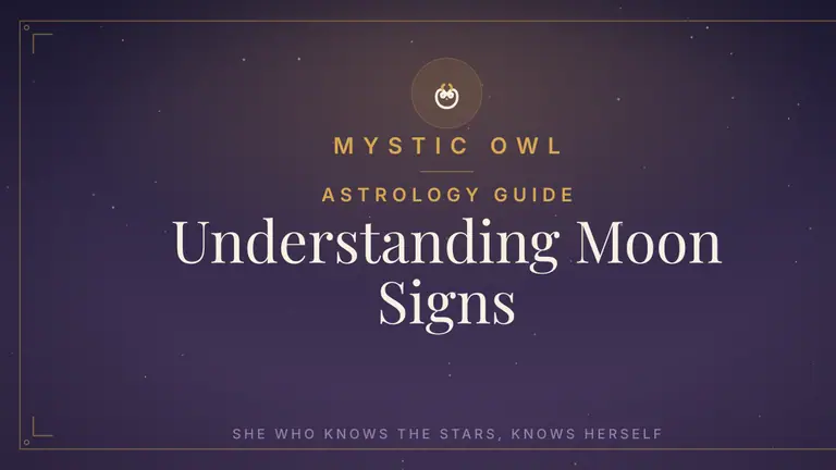 Mystic Owl moon signs guide on a midnight-purple celestial background