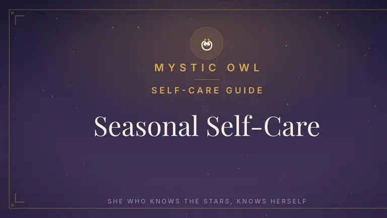 Mystic Owl seasonal self-care guide on a midnight-purple celestial background