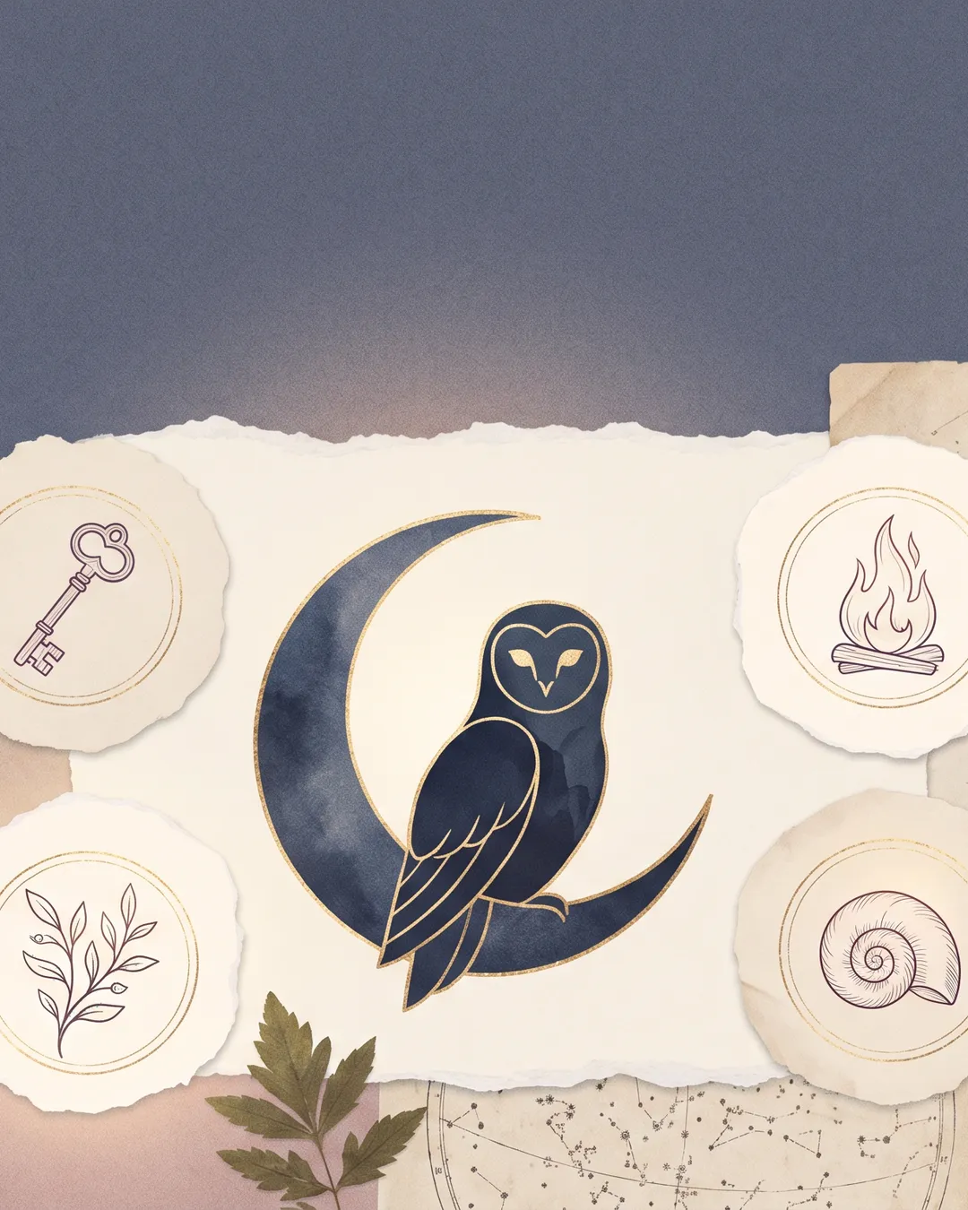 Mystic Owl archetype symbols arranged around an owl and crescent moon