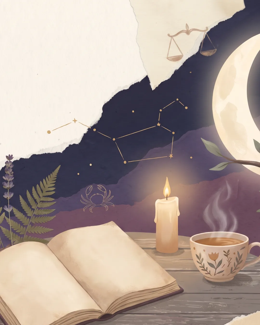 A moonlit owl beside a journal, candle, tea, and layered celestial papers