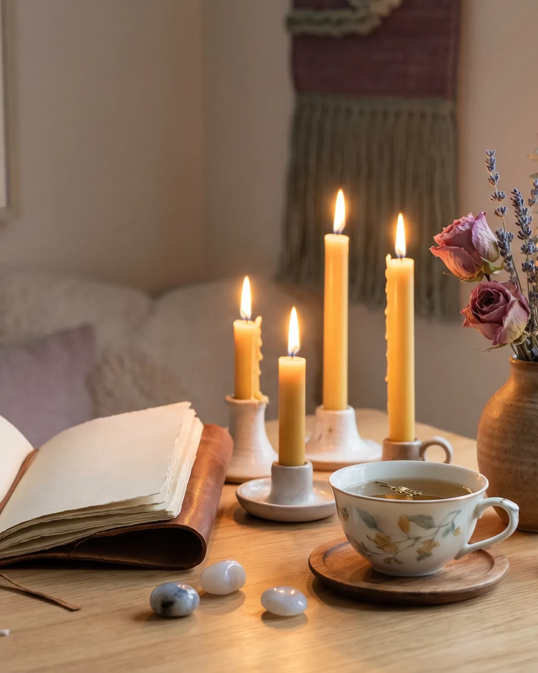 A warm candlelit table prepared for a quiet reflection ritual
