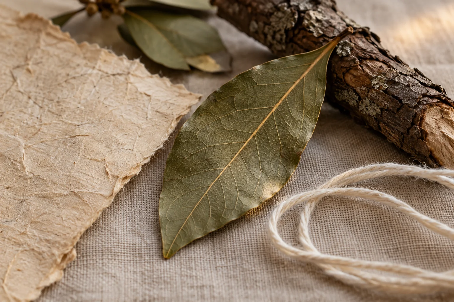 Parchment fiber, a bay leaf vein, and cotton string meet in a quiet close view.