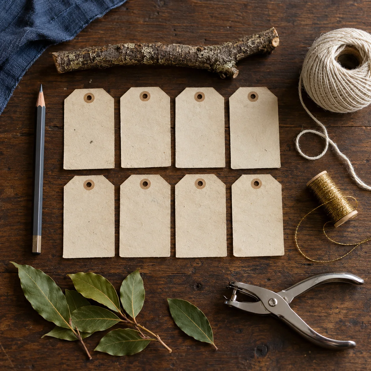 A branch segment, parchment tags, pencil, string, bay leaves, and a hole punch rest on linen.