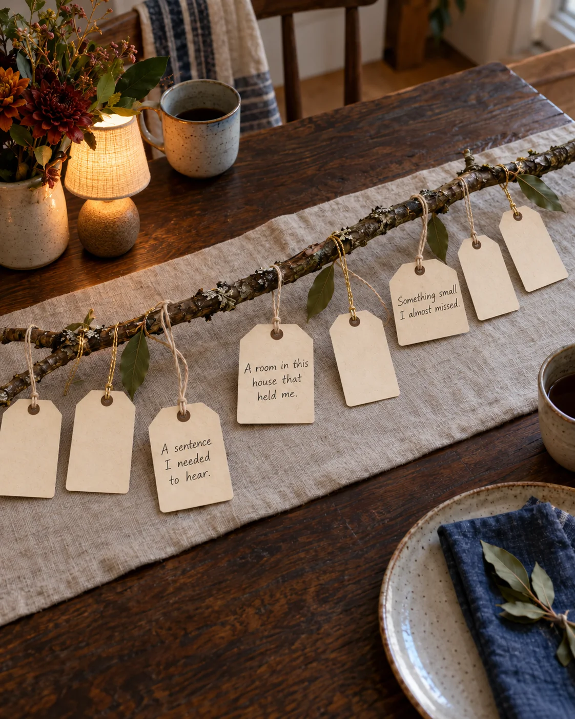 A branch with eight parchment question tags lies across linen on a real wood table.