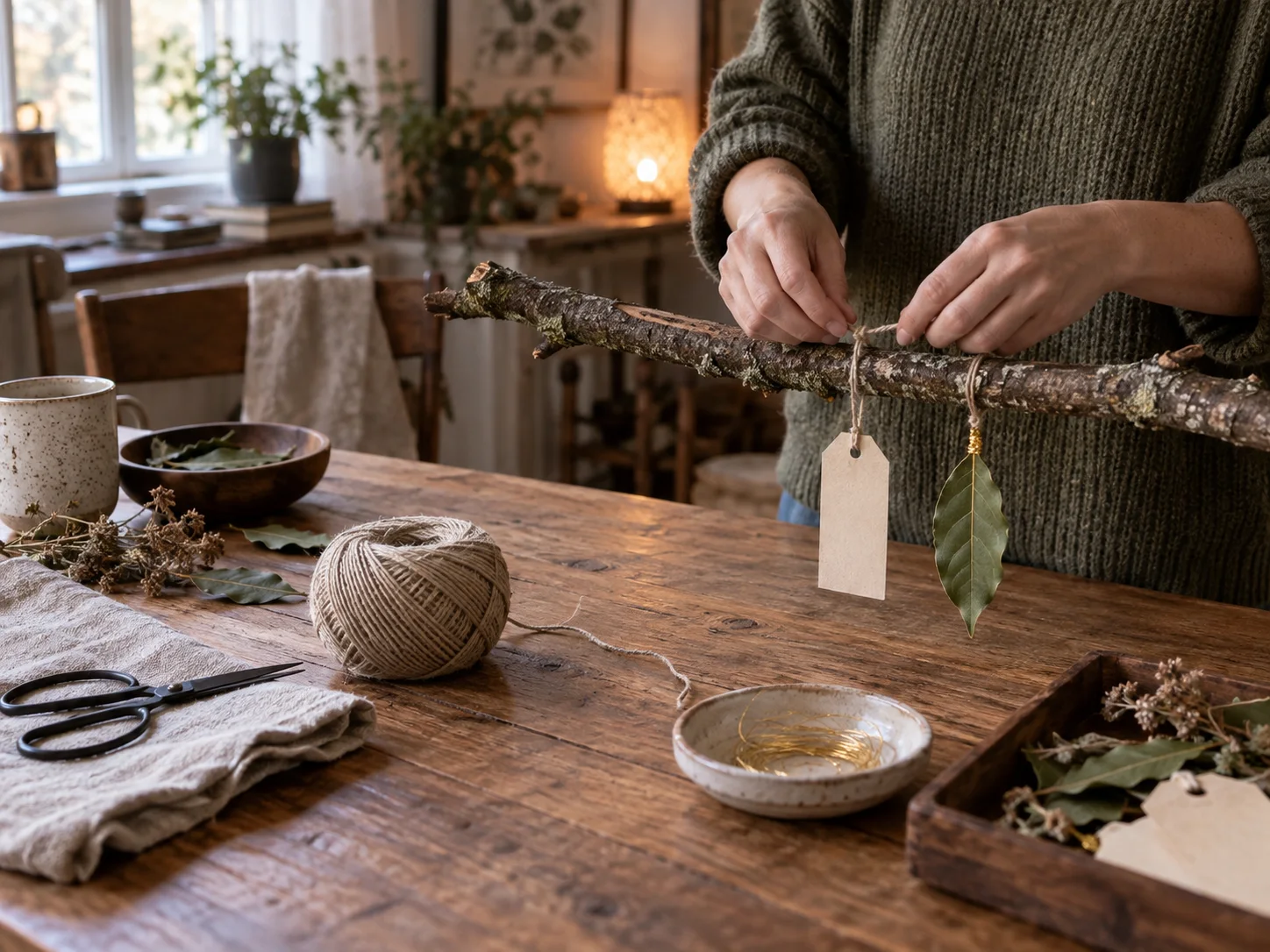 Adult hands tie cotton string around a branch while the rest of the table stays in view.