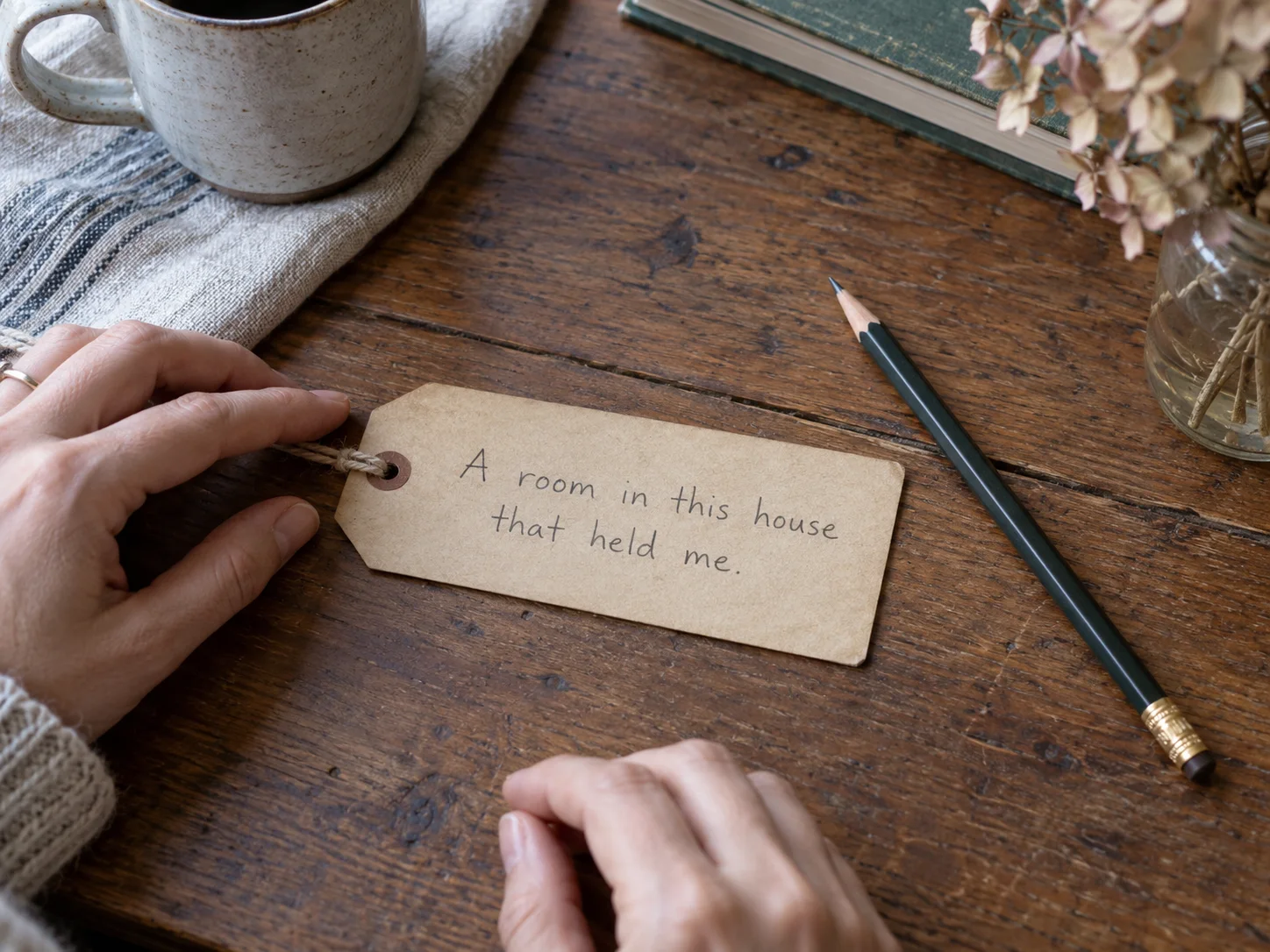 A pencil writes the words A room in this house that held me on a parchment tag.