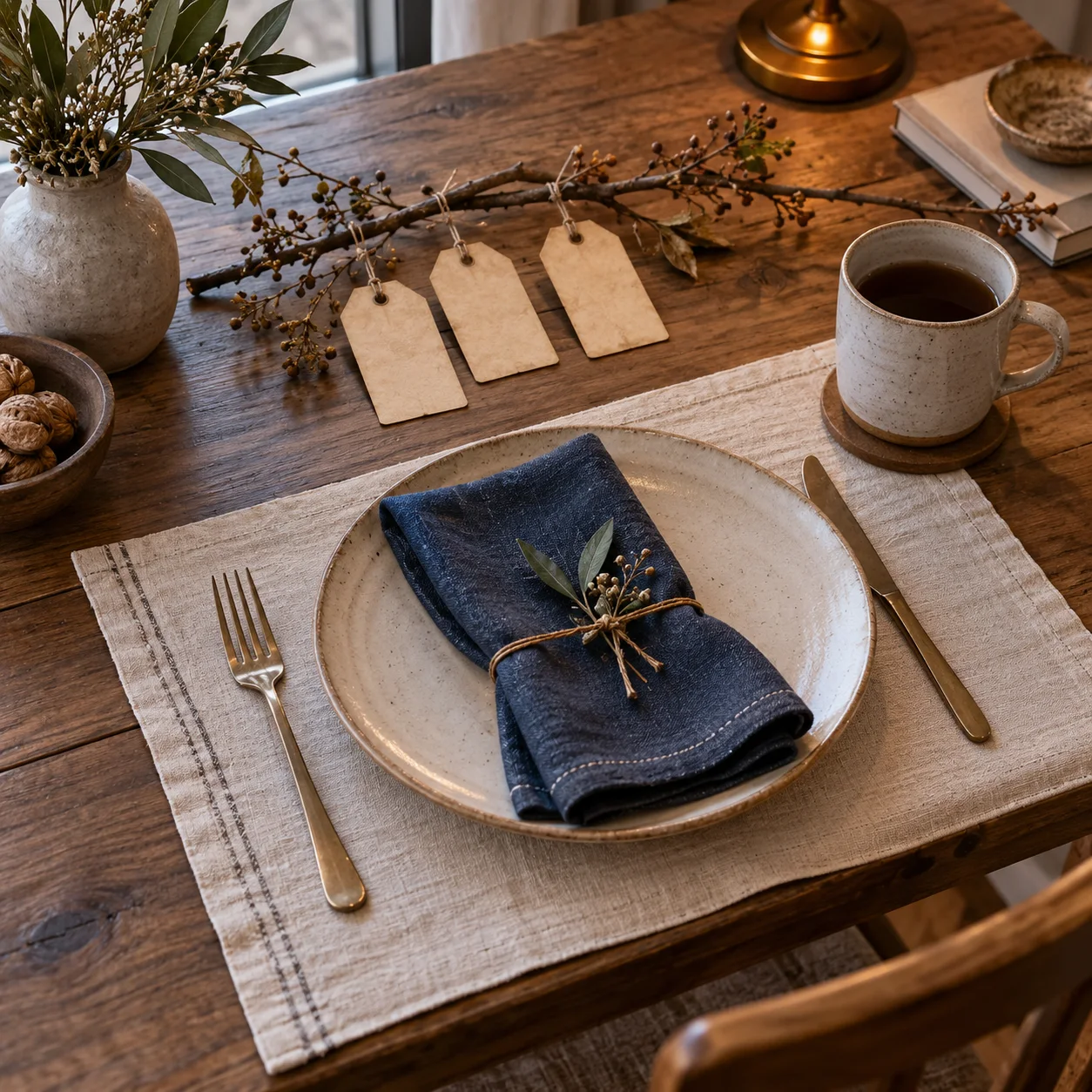 One warm cup and three parchment tags sit beside a branch on a linen-covered table.