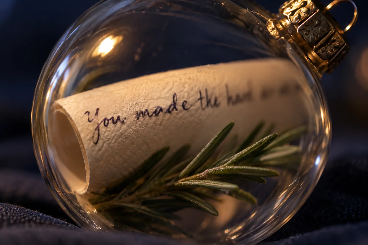The first four handwritten words stay sharp through the curve of clear glass beside rosemary.
