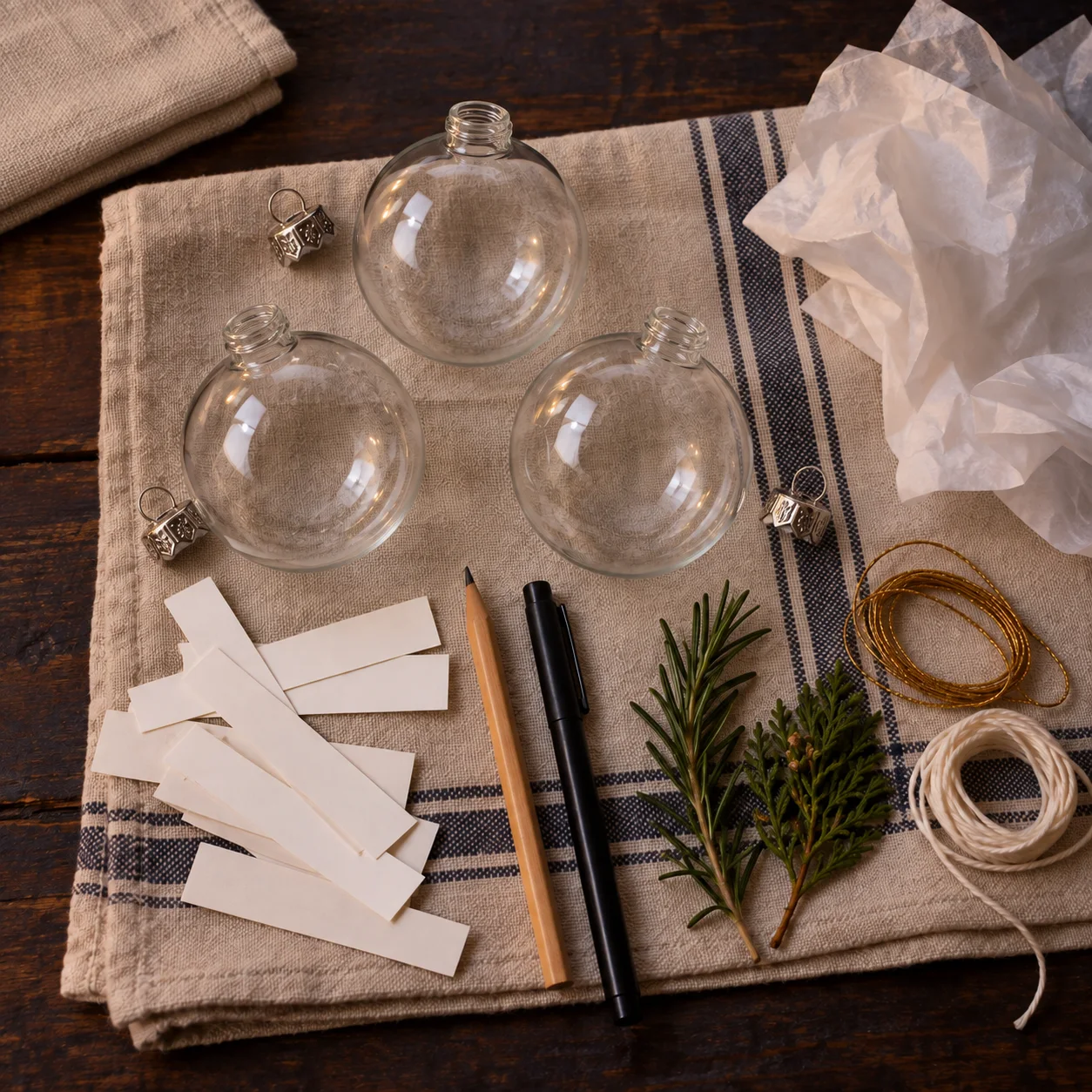 Three open clear ornaments rest on a towel with blank paper slips, pens, herbs, and cord.