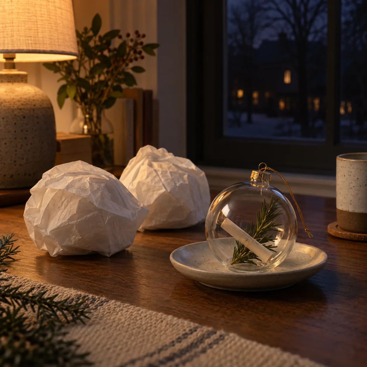 Two small tissue parcels sit beside one clear sentence ornament on a dish by a dark window.