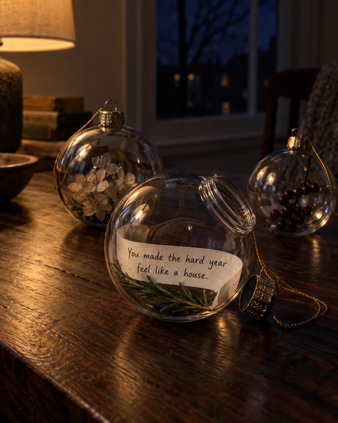 Three clear glass ornaments sit in warm window light with one open beside rosemary and a handwritten sentence.