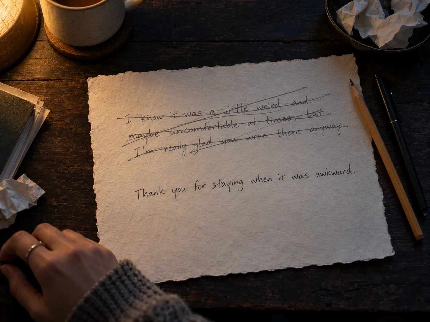 A longer handwritten draft is crossed out above the shorter sentence chosen for the ornament.