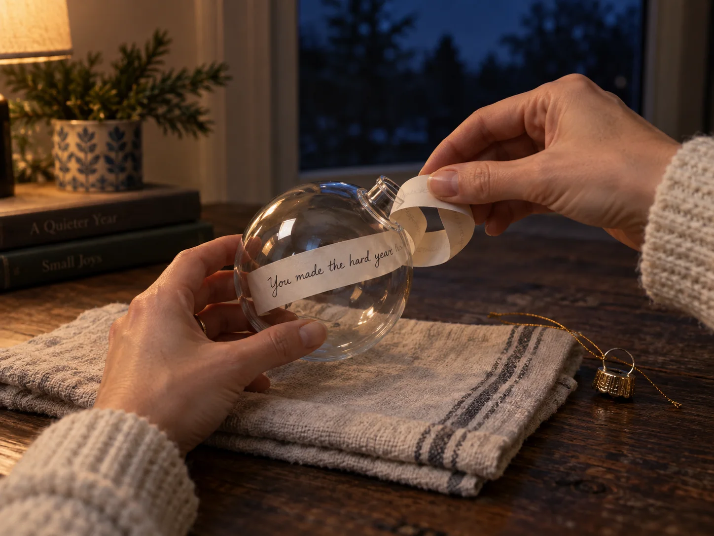 Adult hands curl a narrow cotton paper sentence into an open clear ornament over a towel.