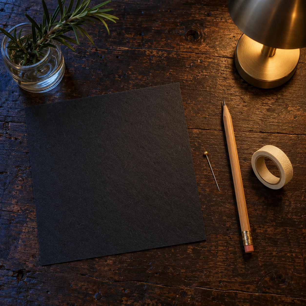 Black paper, a pin, pencil, tape, lamp, and rosemary rest on a dark wood table.