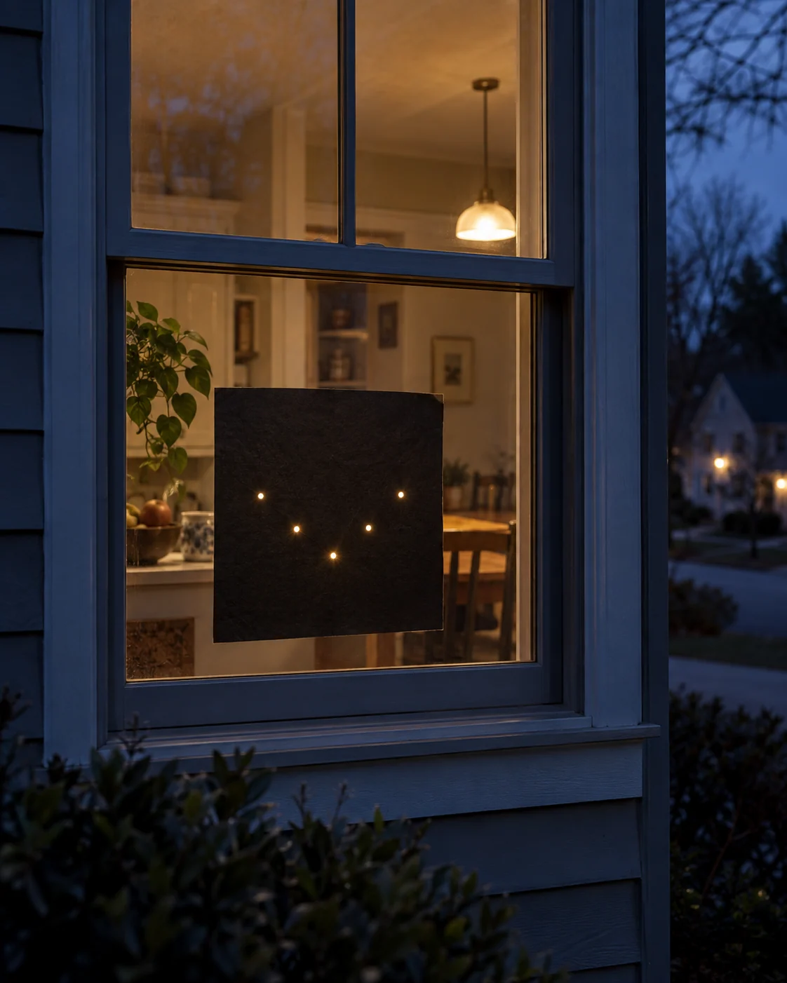 A quiet kitchen window at blue hour holds five warm pinpricks in a wide W.