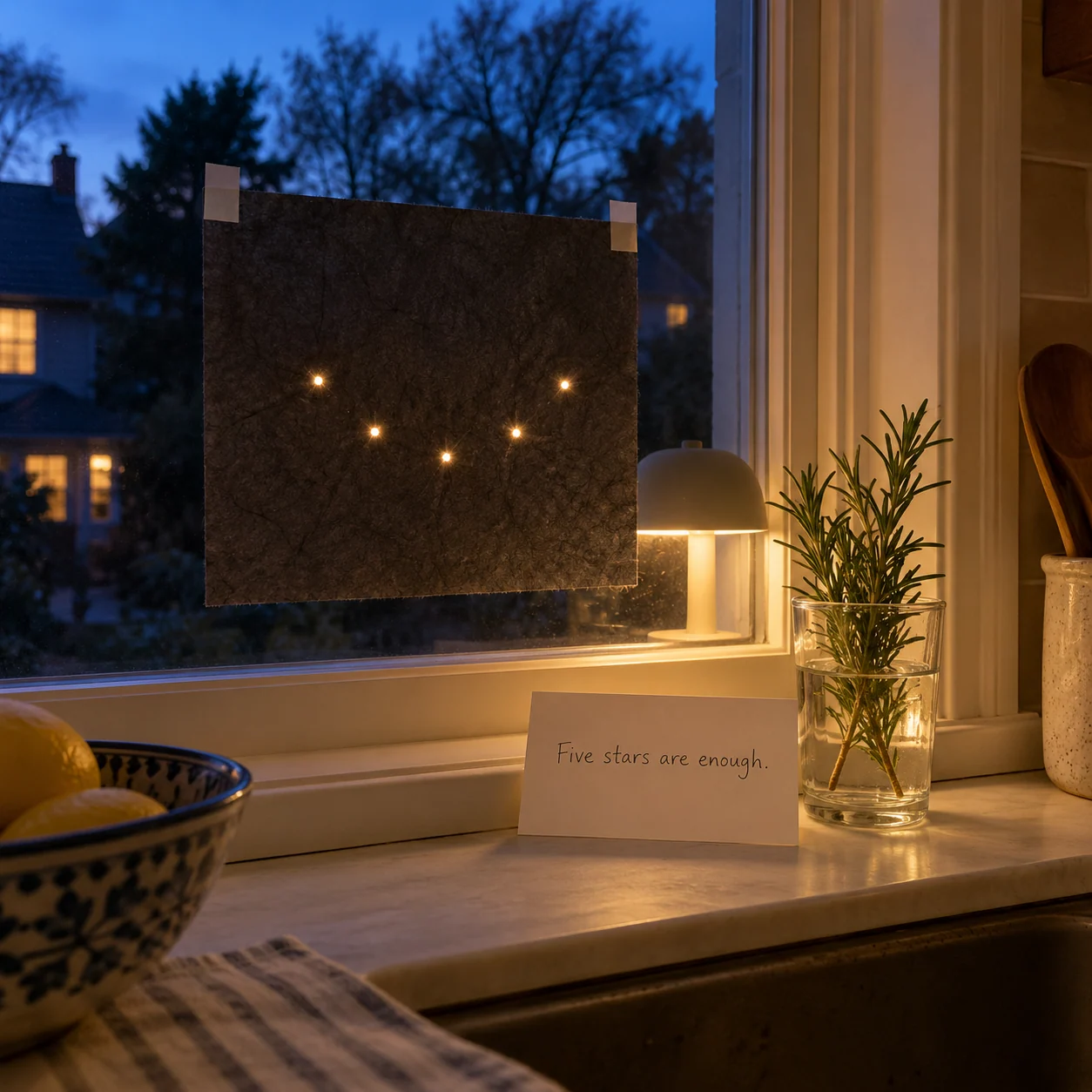 Five warm points glow above a lamp, rosemary glass, and the handwritten words Five stars are enough.