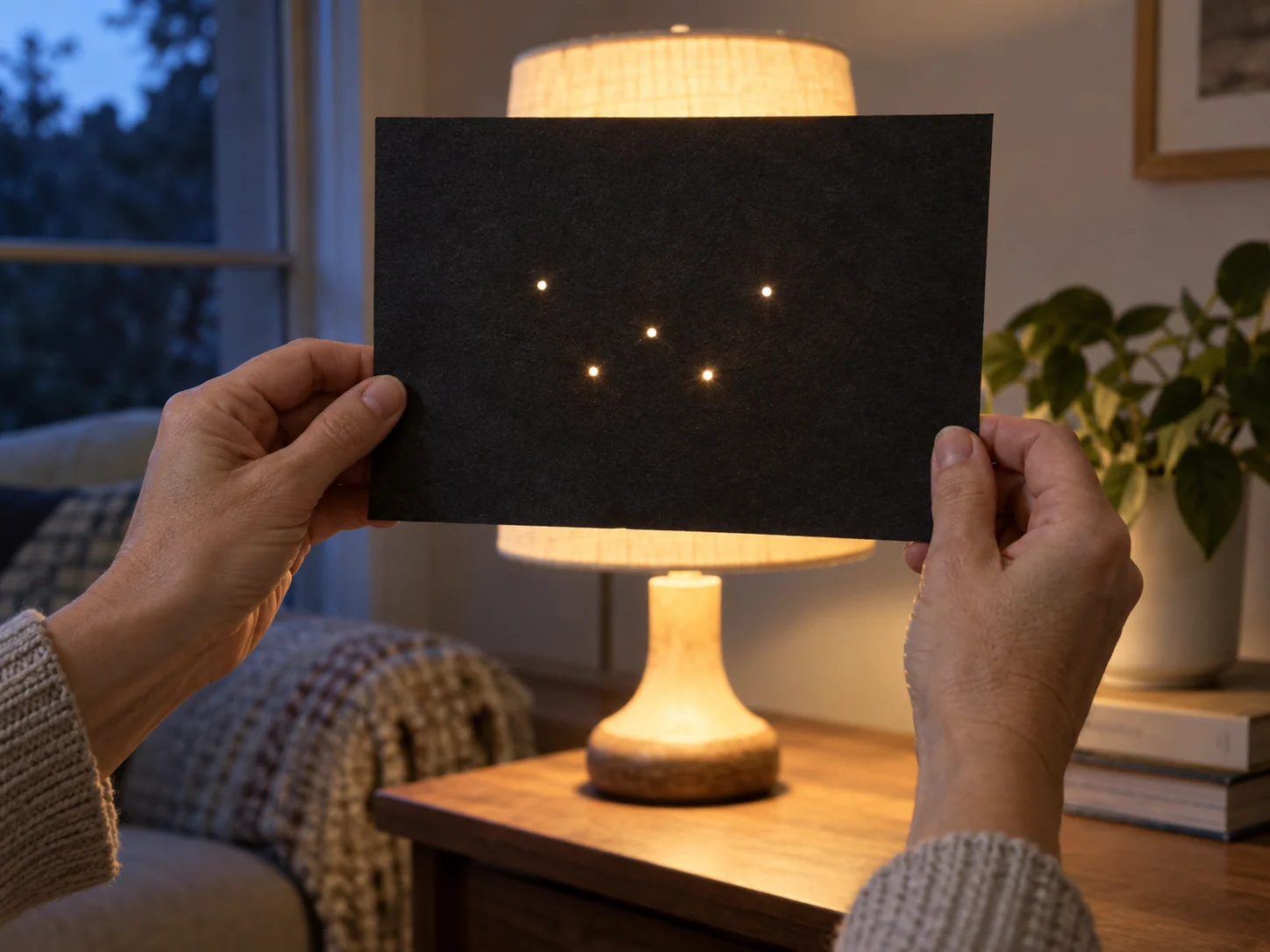 An adult woman’s hands hold black paper before an LED lamp as five clean points glow.