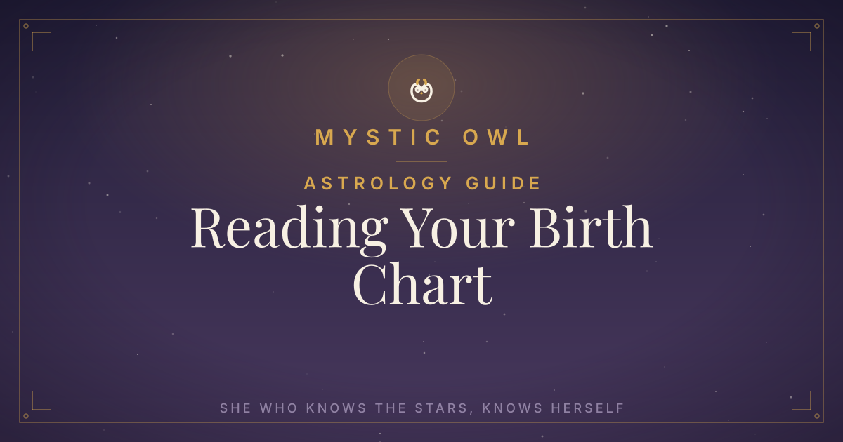 Mystic Owl birth chart guide on a midnight-purple celestial background