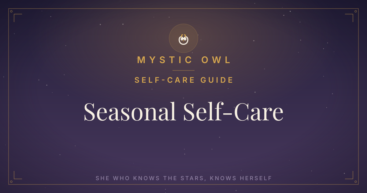 Mystic Owl seasonal self-care guide on a midnight-purple celestial background