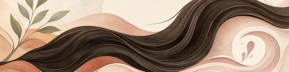 Flowing illustrated hair strands in warm, calm tones